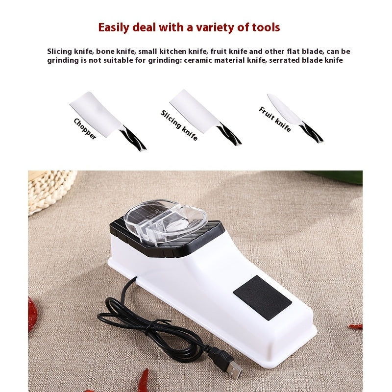 Afilador Eléctrico Compacto con Alimentación USB para Cocina Doméstica - Automático, Portátil para Cuchillos y Tijeras, Cuerpo de ABS Duradero, Seguro y Fácil de Usar con Indicador de Energía Visual
