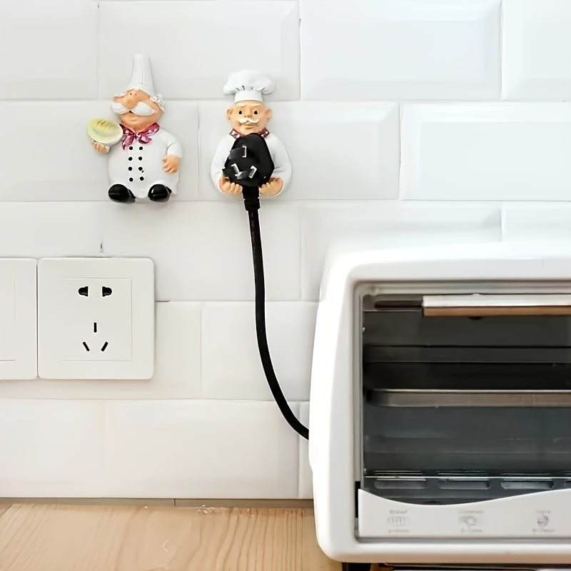 2 piezas de soporte de cable de alimentación de chef de dibujos animados - Organizador de plástico de montaje fácil en la pared para enchufes y cables de cocina, diseño encantador con personajes de chefs divertidos, gancho de utilidad, ganchos de utilidad