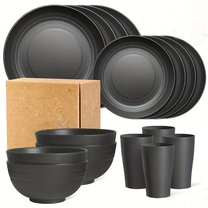 Juego de vajilla familiar premium para exteriores - 16 piezas irrompibles, aptas para microondas y lavavajillas, set negro con 8 platos, 4 tazones y 4 tazas