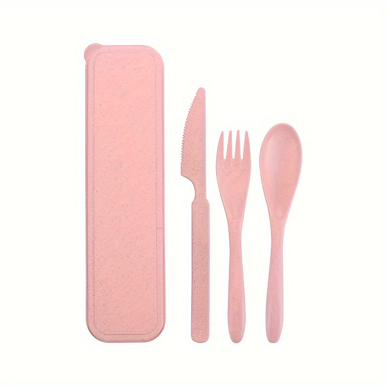 Juego de 3 utensilios de viaje reutilizables con estuche, cubiertos de paja de trigo portátiles (cuchillo, tenedor, cuchara), vajilla de plástico para viajes, picnic o camping