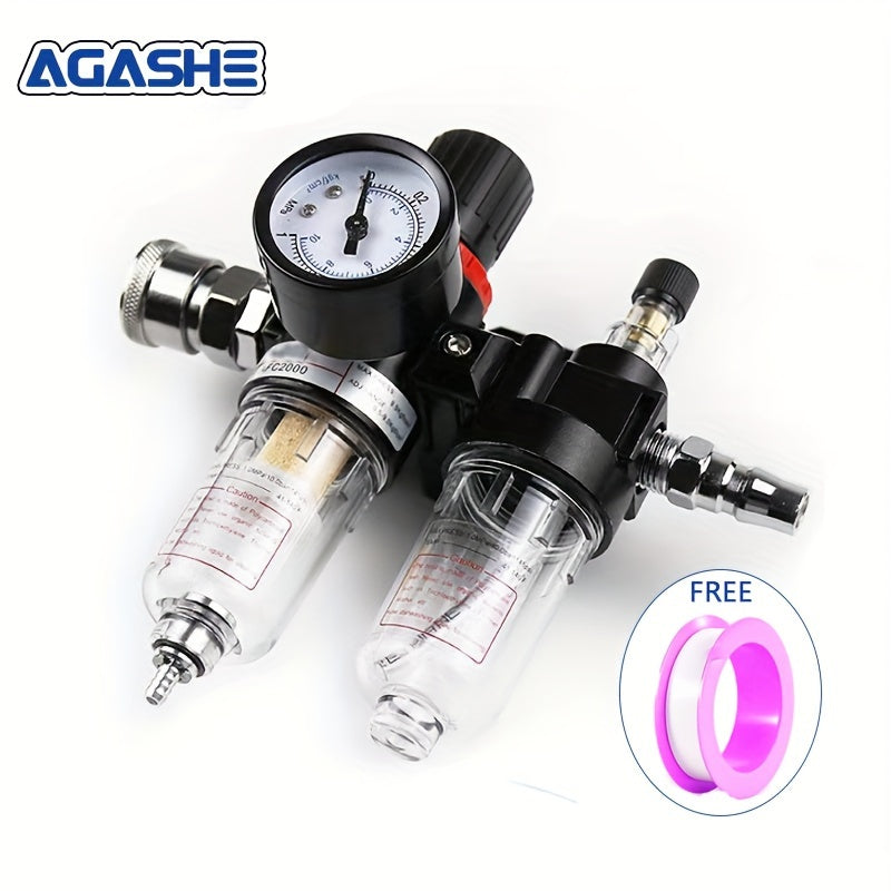 AGASHE 1 Juego AFC-2000 Separador de aceite y agua para compresor de aire, kit de regulador de presión con manómetro, conector rápido y taza de lubricación, filtro de herramientas neumáticas, válvula deshumidificadora de compresor.