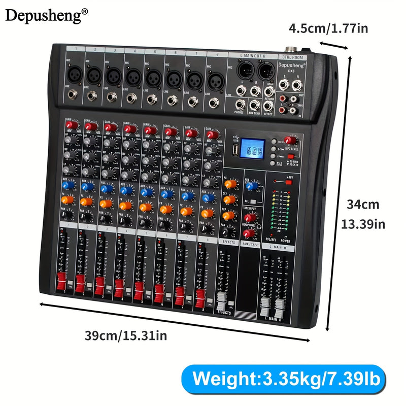 Mezclador de audio profesional DEPUSHENG de 6/8/12 canales - Negro, encendido, 110V-130V, estándar estadounidense, con USB, XLR, alimentación fantasma y entradas/salidas RCA para DJs, estudios y bares