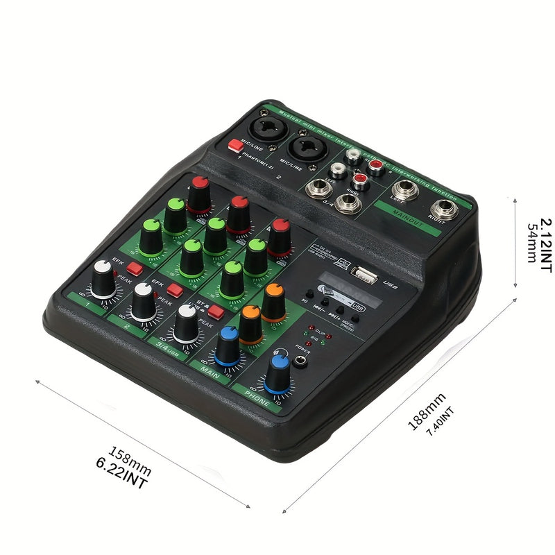 TAVOSOP Profesional 4 canales, mezclador de audio portátil, mezclador estéreo mini DJ con USB, verde, material ABS, compatible con interfaz de audio y tarjeta de sonido para producción musical en casa, DJ Karaok