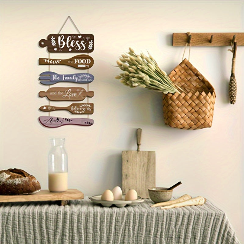Decoración de Pared para Cocina Campestre "Bendice Nuestra Comida", 6 piezas en 2D Plano, Arte Divertido con Patrón de Restaurante, Pintura Colgante de Madera Retro, Adecuada para la Decoración del Salón de Comedor al Estilo Campo