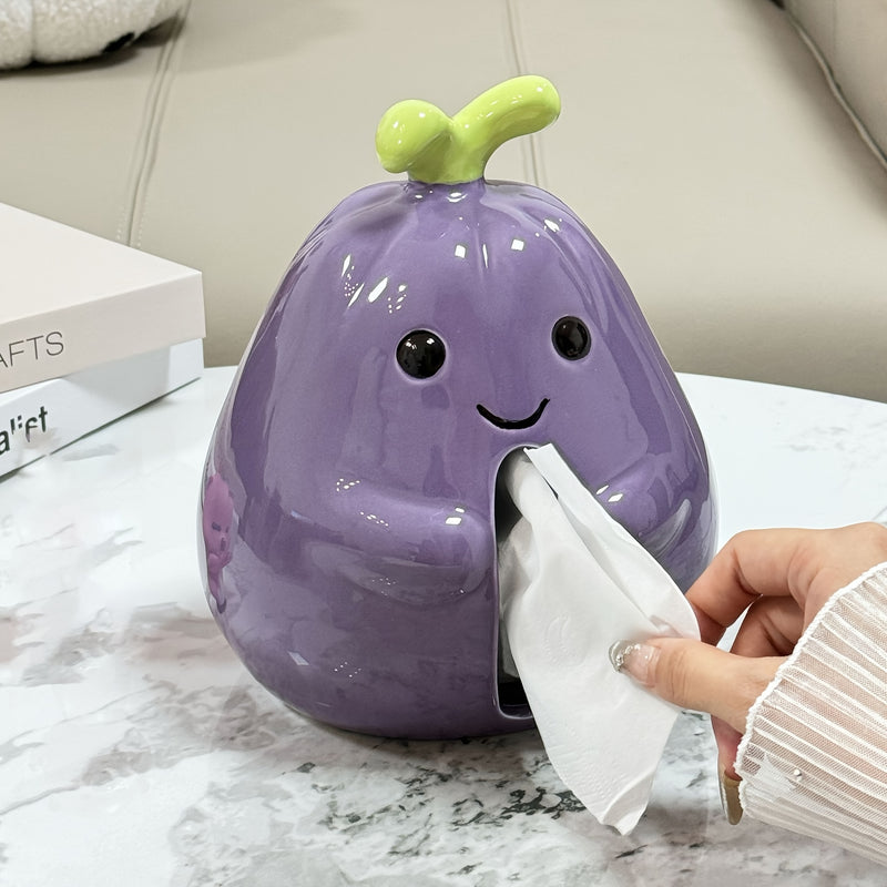Tesoro de los Tiempos Caja de Toallas de Papel de Berenjena Linda y Popular Caja de Toallas de Papel Creativa de Dibujos Animados Decoración de Escritorio para el Salón de Casa Adorno de Caja de Papel de Servilleta de Porcelana