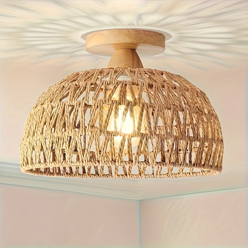 Linterna de techo semicircular rústica marrón con cabeza de lámpara de madera y jaula metálica de ratán para sala de estar, pasillo, baño, cocina, dormitorio, galería interior, cafetería - compatible con bombillas E26/E27 (bombillas no incluidas)