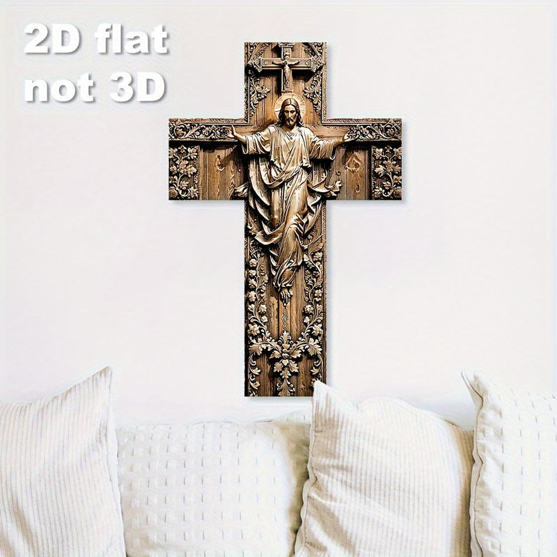 Crucifijo de Madera Artificial Regenerada Impreso en 2D con Patrones Florales - Arte Rústico Vintage para Navidad, Halloween, Pascua y Día de los Muertos - Decoración para Iglesia y Hogar, Plano en 2D