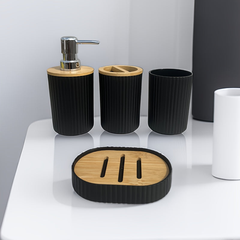 Juego de 4 piezas para baño con tapa de bambú, botella dispensadora al presionar, portacepillos, jabonera, esponja para jabón y soporte para accesorios