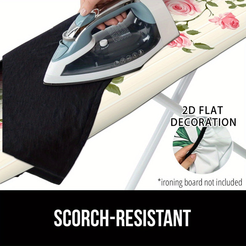 1 Funda de Tabla de Planchar Tamaño Completo - Diseño Plano 2D con Estampado Floral (Rosas Rosadas y Hojas Verdes), Relleno Antiadherente, Bordes Elásticos, Lavable a Máquina - Ajuste para Mesas de Planchar Estándar, Accesorio Decorativo para Lavandería,