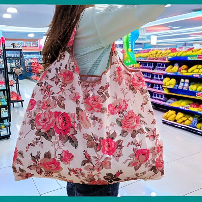 1 Bolsa de Compras Grande con Estampado Floral de Nailon - Duradera, Lavable, Plegable con Bordes Marrones, Bolso de Supermercado Reutilizable Adecuado para Compras de Alta Calidad