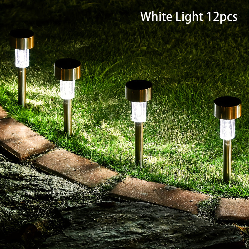 Luces solares LED para jardín, luces de acero inoxidable para caminos, luces decorativas exteriores de 4.6 pulgadas para césped, sin función de arcoíris, batería solar, voltaje máximo 36V, 6/7/10/12 piezas