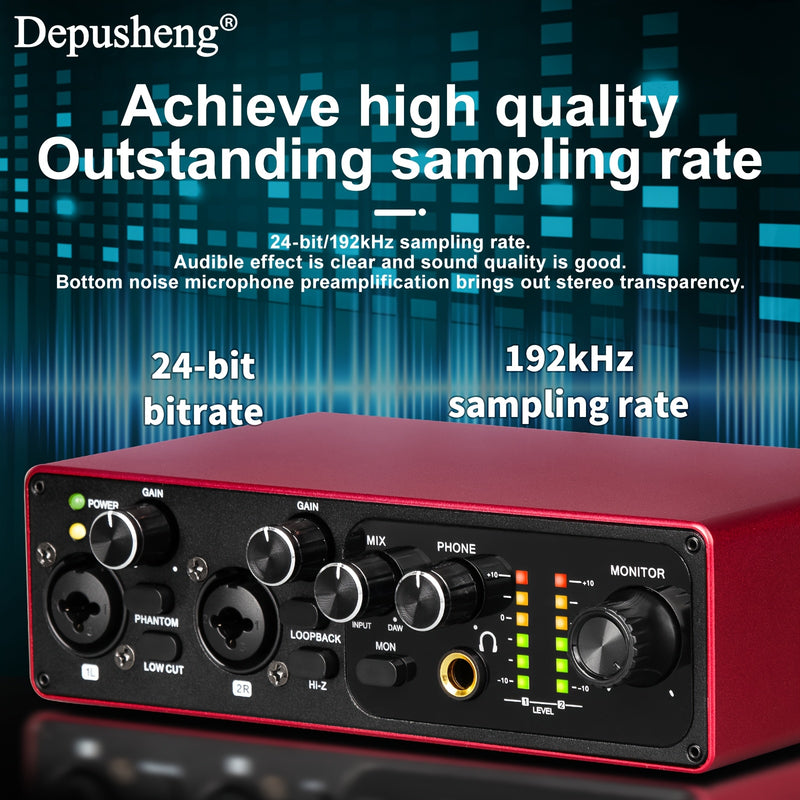 Interfaz de audio profesional DEPUSHENG de 2 canales - Grabación de 24 bits/196 kHz, interfaz XLR, alimentación fantasma, USB-C, aleación de aluminio, ideal para streaming de PC/Win/Mac y grabación de música, tarjeta de streaming de música | Tarjeta de s