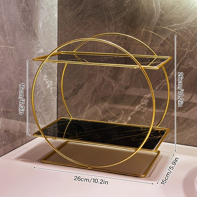 Organizadores de Maquillaje. Estante de baño hecho de hierro con estructura circular de doble capa y gran capacidad, ideal para colocar en el tocador. Su diseño elegante mejora la orden del espacio.