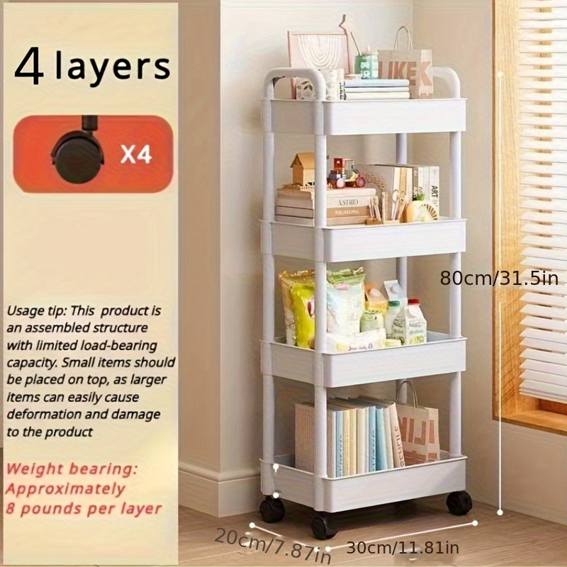 Carrito organizador de plástico con ruedas, 3 niveles, blanco, fácil de mover, multiusos para cocina, baño, dormitorio, sin necesidad de ensamblaje, diseño con ruedas para movilidad, carrito utilitario