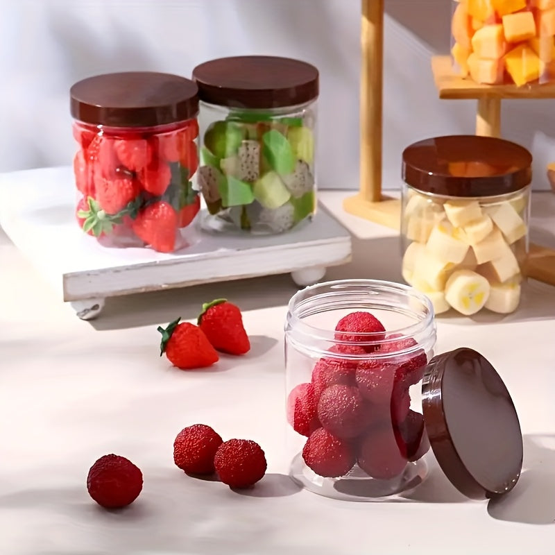 9 piezas de 16 onzas de frascos de plástico transparente con tapas marrones - Diseño con rosca y hermético para frutas secas, miel, nueces y más - Incluye etiquetas y bolígrafo, ideal para almacenamiento de cocina, accesorios para frascos de mason