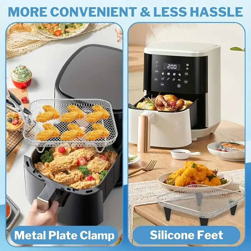Juego de 8 Piezas para Freidora de Aire: Rejilla Apilable, Pinzas y Alfombrilla Reforzada - Rejilla de 3 Niveles para Cocina Saludable y Deshidratación, Compatible con Lavavajillas, Horno, Olla a Presión y la Mayoría de Freidoras de Aire, Herramientas Mu