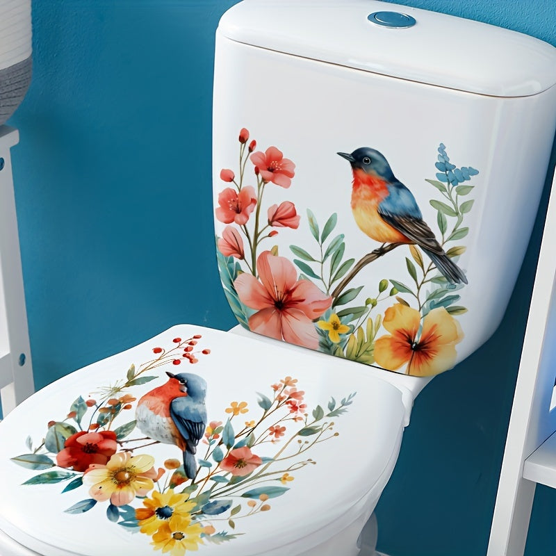 2 hermosas pegatinas de flores y pájaros para baño, adhesivos impermeables para pared de inodoro, fáciles de instalar
