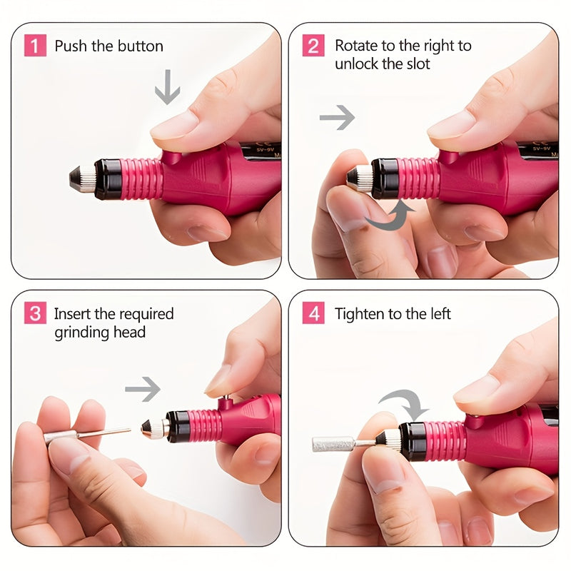 Kit eléctrico de lima y pulidor de uñas - Rosa, juego de herramientas para cuidado de uñas con USB y 4 accesorios, para manicura profesional en casa o salón, taladro para uñas