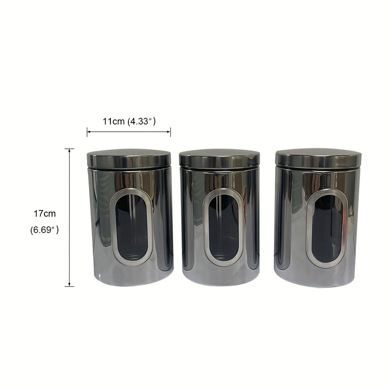 Tarros de Almacenamiento para Cocina, 3 Piezas en Acero Inoxidable con Ventana Transparente - Ideales para Café, Té y Granos - Organizador Redondo Reutilizable con Tapas Abatibles | Solución de Almacenaje Moderna | Utensilios de Cocina Duraderos
