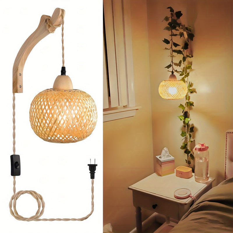 Lámpara de pared de bambú ligero, lámpara de pared rústica de granja, lámpara de pared de mimbre con cordón de enchufe americano, lámpara de rattán tejida a mano, lámpara bohemia para sala de estar dormitorio, base E26 E27 (bombilla no incluida)