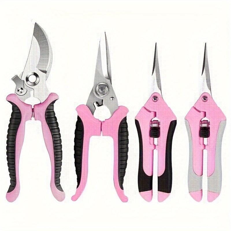 Juego de 4 Tijeras de Poda Profesionales Rosas - Tijeras de Jardinería de Acero Inoxidable para Flores/Ramas, Kit Multiusos Manual