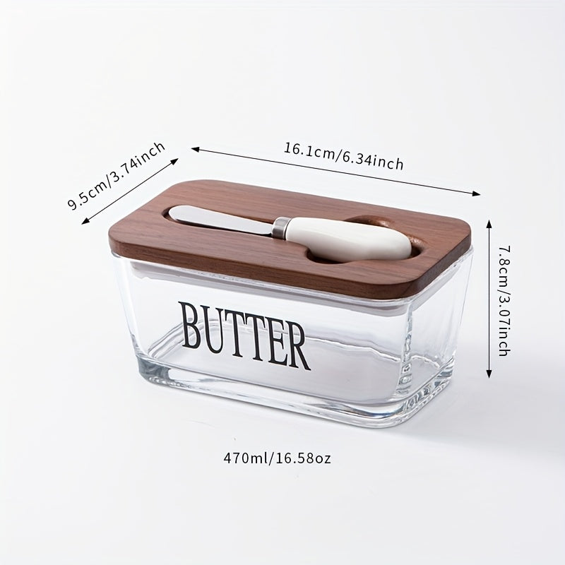 1 Juego de mantequillera de vidrio con tapa de madera de acacia YumiPLUS, caja de almacenamiento de mantequilla de vidrio grueso con diseño, para cocina casera, recipiente grande para mantequilla, protector de galletas, regalo ideal para amigos y familia