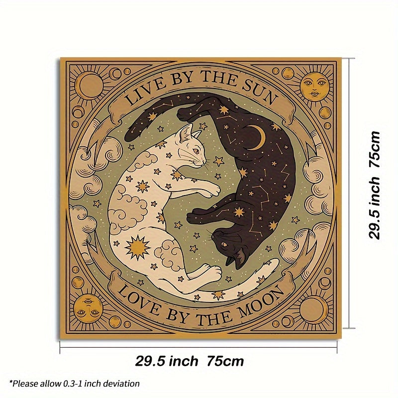 1pc Mantel de Altar con Péndulo de Gato Místico Sol y Luna - 100% Poliéster, Diseño "Vive por el Sol, Ama por la Luna" con Cielo Estrellado y Elementos Celestes, Ideal para Lectura de Tarot, Adivinación y Decoración de Habitación, Decoración de Sol y Lun