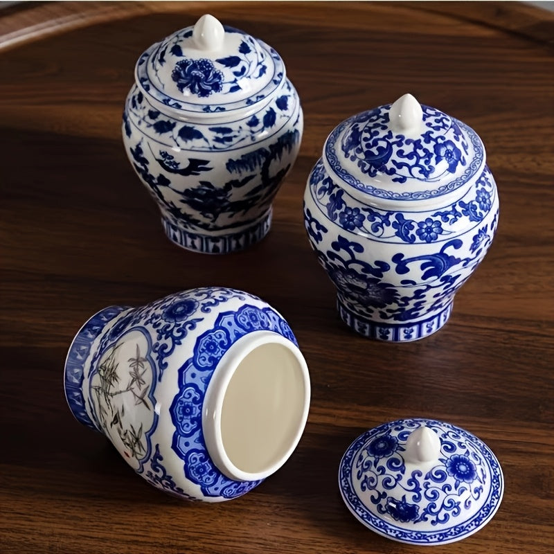 Tarro de porcelana sellado vintage azul y blanco, adorno decorativo, accesorios para juego de té, contenedor de hojas de té, tarro de cerámica resistente a la humedad