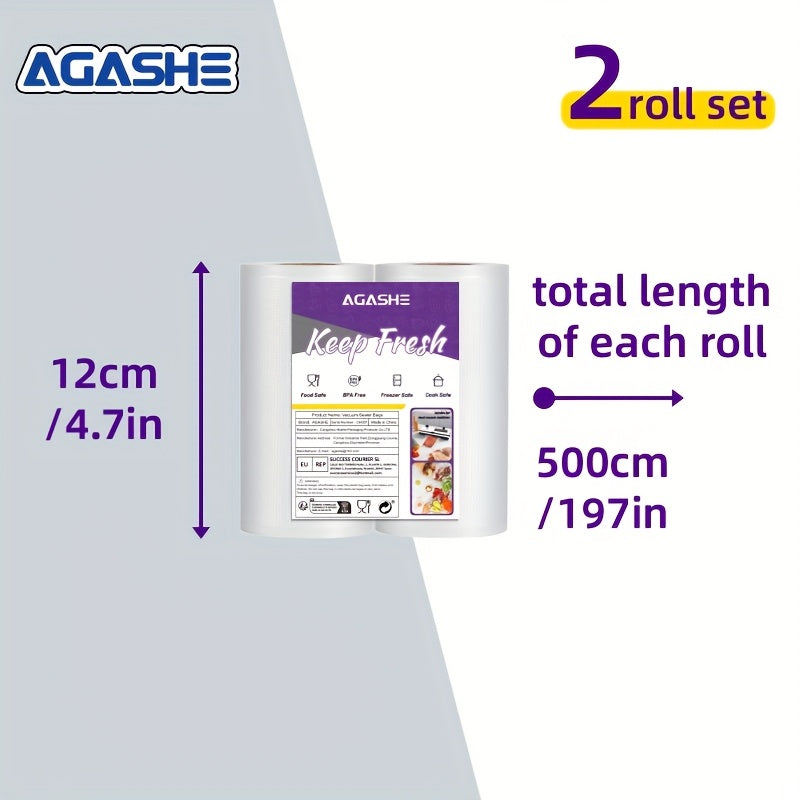 Rollo de Sellador al Vacío AGASHE, juego de 2 rollos. longitud 500cm. Libre de BPA, duradero y resistente al desgarro. para cocineros caseros y preparación de comidas. Conserva bien los alimentos. Compatible con la mayoría de las máquinas. Mantiene los a