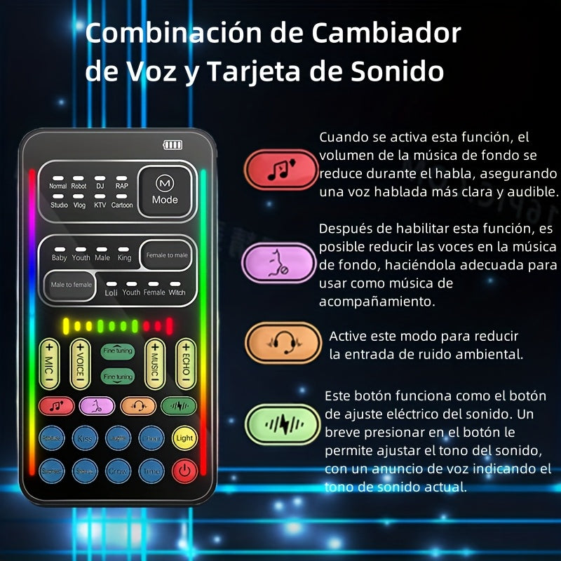 Kit portátil para podcast con cambiador de voz, 8 efectos de voz, ajuste de sonido, incluye micrófono de mano con cable, compatible con celulares y computadoras