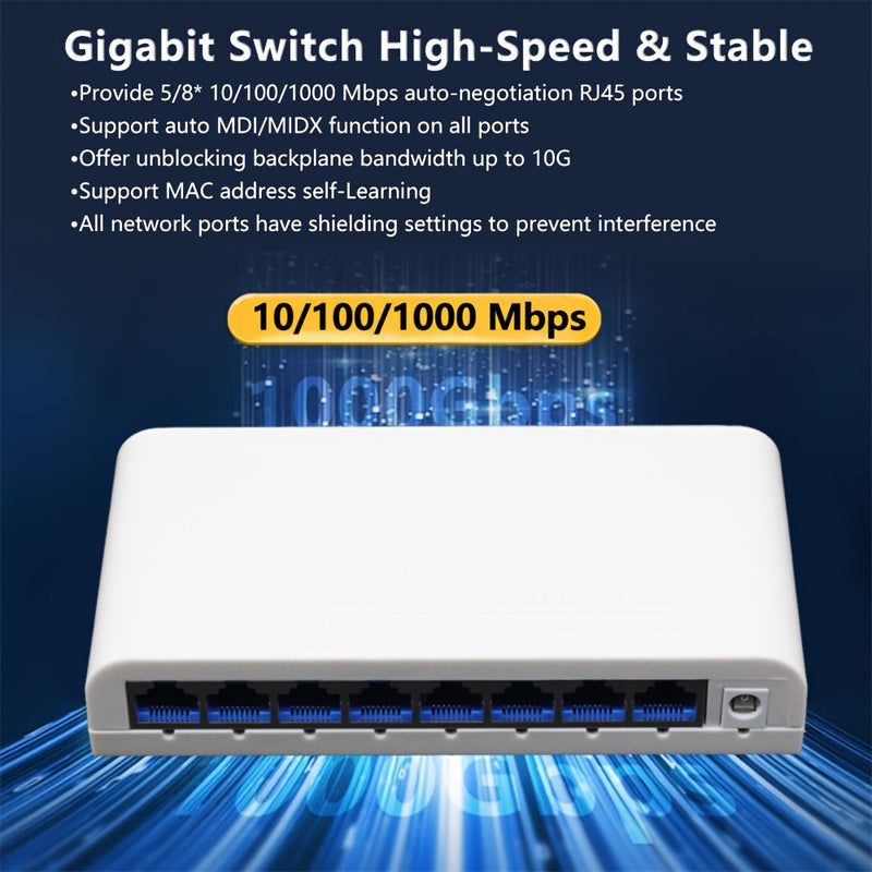 Conmutador de Red Gigabit de 5/8 Puertos 10/100/1000Mbps, Adaptador Ethernet RJ45 Alimentado por USB para Escritorio, Plug and Play con Cambio Automático MDI/MDIX Rápido, Adecuado para Expansión de Red en Hogar/Dormitorio y Oficina - Múltiples Modos de C
