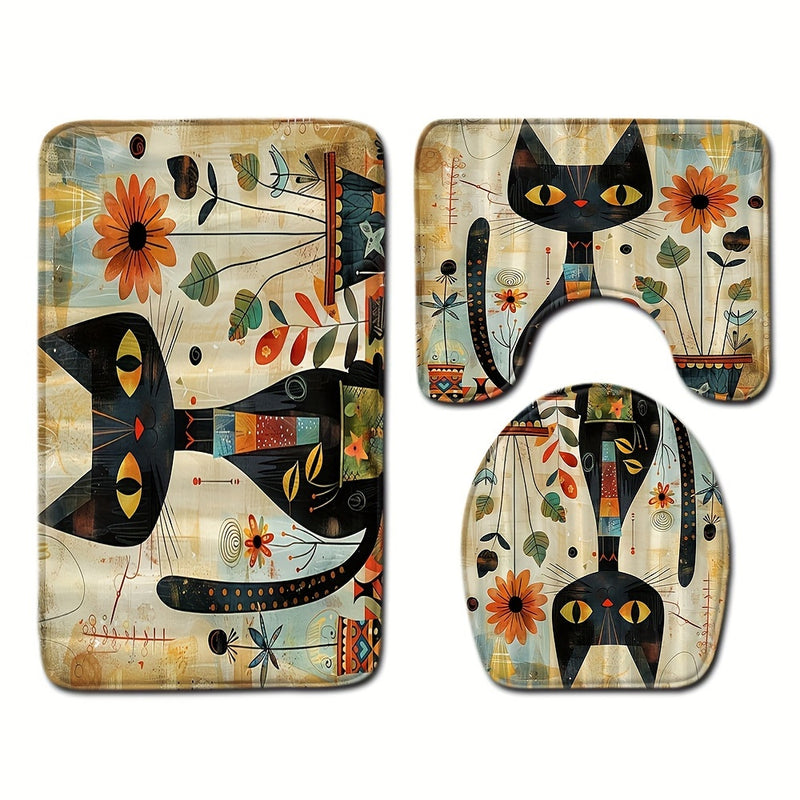 Conjunto de 1/3 piezas de Alfombrilla de Suelo de Gato Negro y Girasol, Cubierta de Inodoro, Alfombrilla Absorbente para Baño, Conjunto de Tres Piezas, Alfombrilla Antideslizante Decorativa