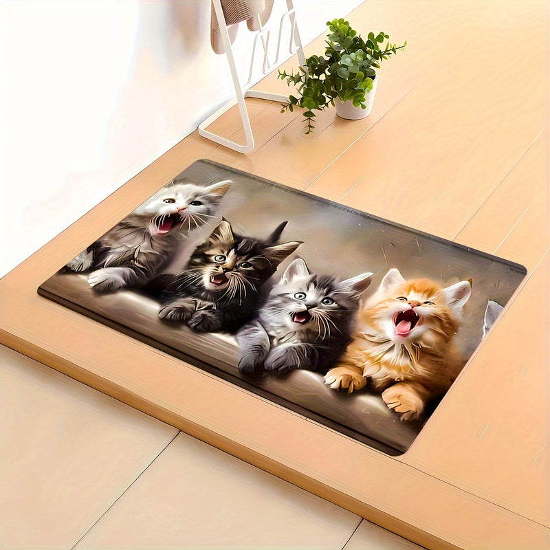 1PC Alfombra de corredor rectangular de punto de poliéster con respaldo antideslizante, lavable a máquina, pelo bajo, patrón de gato suave para cocina, sala de estar, dormitorio, baño, oficina - Alfombra de suelo cómoda y de aspecto fresco