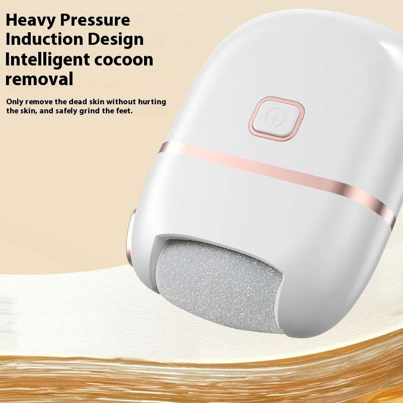 Extracción de pies eléctrica recargable con 6 cabezas intercambiables para luz muerta beige y pulido, alimentada por USB, diseño suave de doble tono en blanco y dorado, mango ergonómico para un uso cómodo.