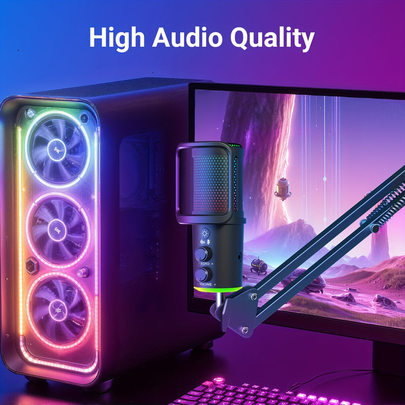Microfono USB, Micrófono Condensador RGB con Brazo Boom Plug & Play, Kit de Microfonía Metálico Cardioid para PC y Computadora con Sonido Profesional para Grabación, Gaming y Canto, Incluye Filtro Anti-Pop
