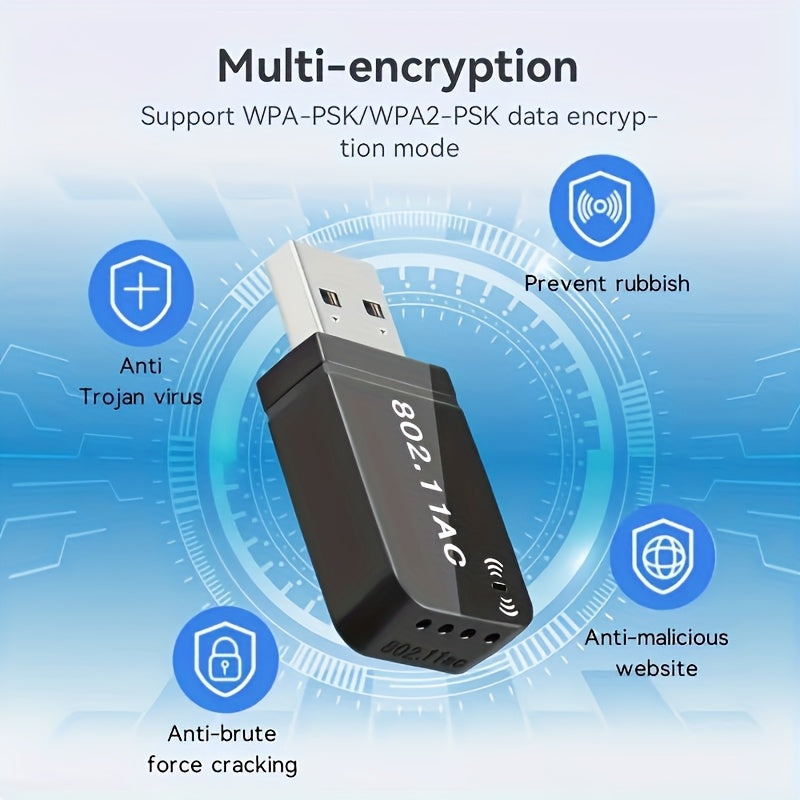 Adaptador sin varillas para PC de Escritorio Adaptador de Red USB sin varillas 1300Mbps con Antena Doble Banda de Alta Ganancia Integrada 5G/2.4G para Windows 7/8/8.1/10/11, ¡da capacidad WiFi y función de punto de acceso móvil instantáneamente a tu PC!