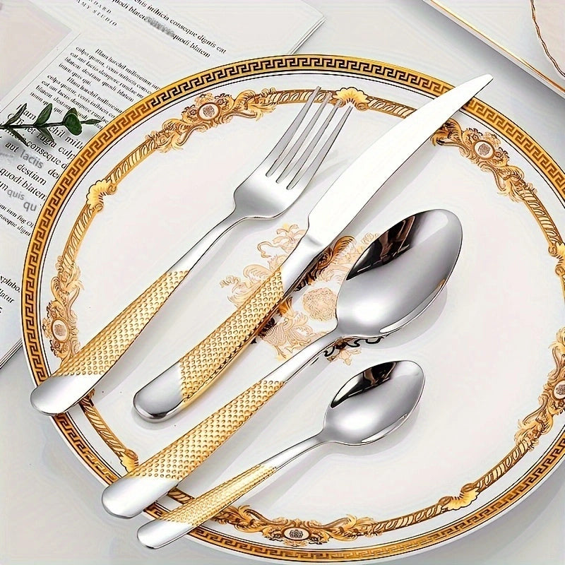Juego de cubiertos de acero inoxidable con diseño de estrella, 24 piezas, incluye cuchillo para carne, tenedor, cuchara y cuchara de postre, ideal para hogar, cocina, hotel, restaurante, fiestas, bodas y eventos, apto para lavavajillas, disponible en var