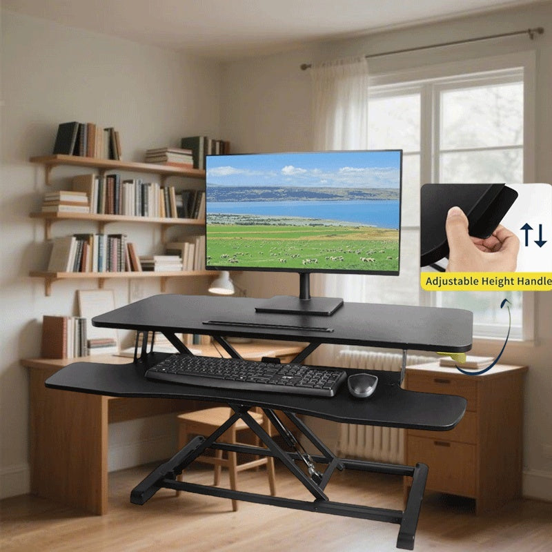 Escritorio Neumático Sin Electricidad con Altura Ajustable y Escritorio Grande de Doble Capa, Mecanismo Ergonómico de Muelles de Gas y Asa Lateral - Escritorio Contemporáneo de Madera Negra y Metal para el Hogar o Espacio de Trabajo, Construcción Duradera