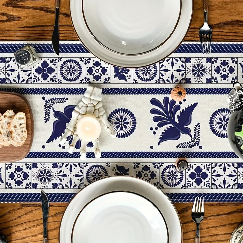 1 pieza, Camino de Mesa Muertos Mexicano, Protectores Térmicos para Mesas, Decoración de Cocina y Comedor con Diseño Azul Patchwork para Hogar o Fiestas, 13 x 36, 13 x 48, 13 x 72, 13 x 90, 13 x 108