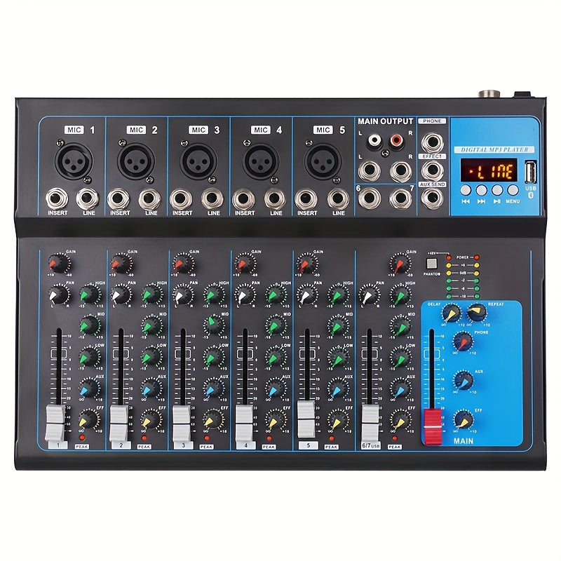 Consola de mezcla de DJ de 7 canales NXG con USB y conector MP3 - Consola de mezcla portátil de aleación con fuente de poder de 48V para grabación por computadora sin problemas y presentaciones en vivo - Enchufe EE. UU., modo de potencia de 110V-130V, no