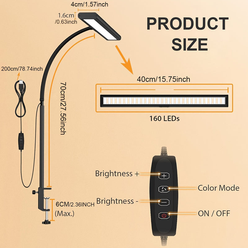 1pc Lámpara de escritorio LED de 160, USB 10W Súper brillante Lámpara de pinza regulable, 3 temperaturas de color y 10 niveles de brillo Lámpara de mesa, Lámpara de oficina para estudio de oficina en casa