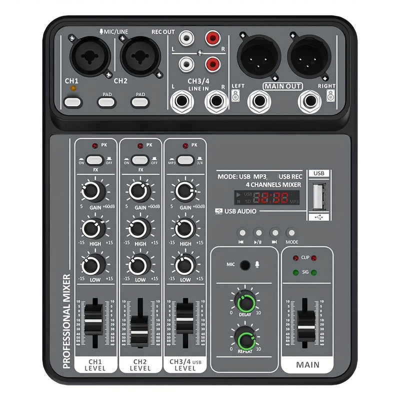 Consola de Mezcla BOMGE Profesional 4 Canales con Interfaz USB, Compatible con MP3 y Entrada de Computadora, Ideal para Estudio, Streaming en Vivo, Grabación y Podcasting
