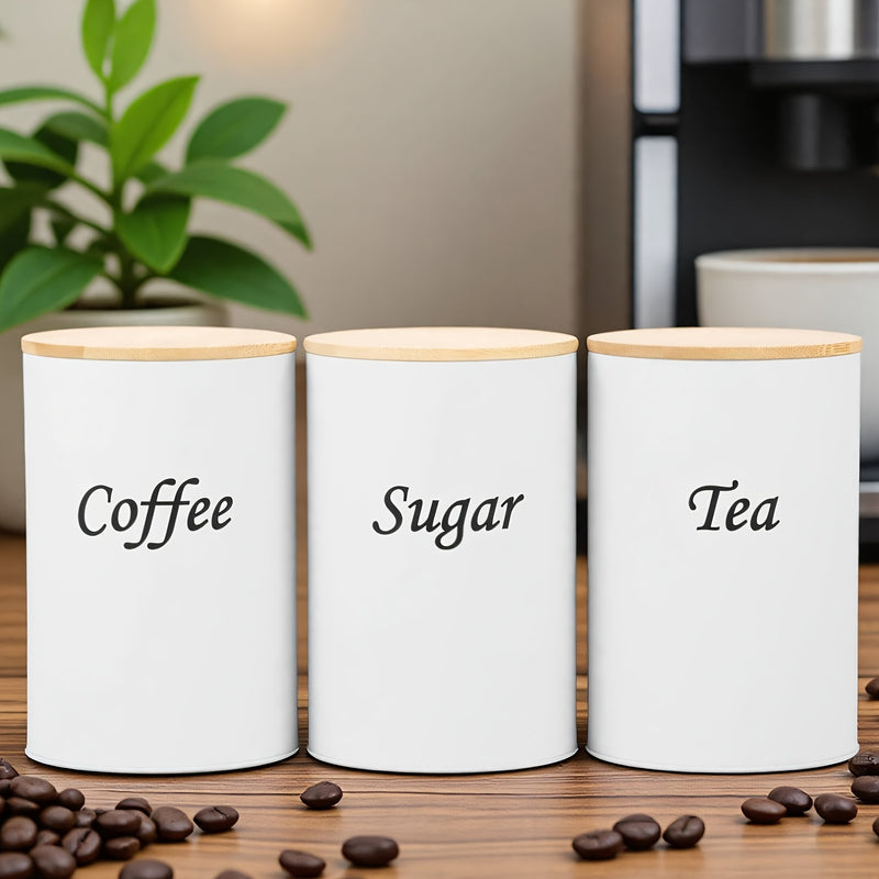 Juego de tres piezas de tarro redondo metálico con tapa, caja multiusos para té, café y azúcar, organizador reutilizable no eléctrico, ideal para cocina, sala o oficina