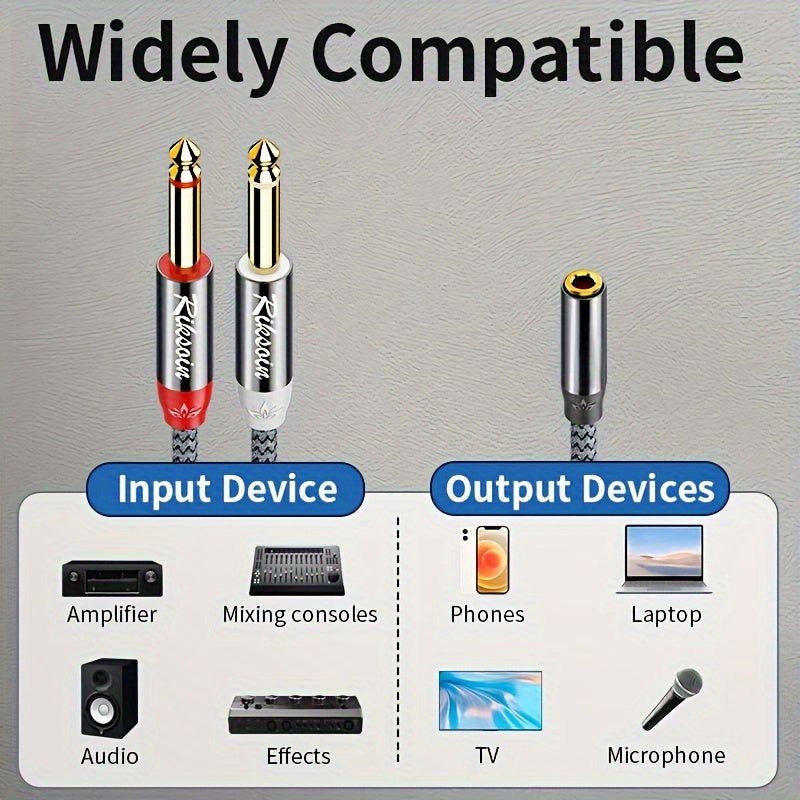 1pc RIKSOIN con baño de oro de 24K Cable divisor de audio, 3,5 mm a doble 6,35 mm Jack, estéreo 3,5 mm Jack conector auxiliar con forma redondeada trenzada, conector hembra a macho, cable Ethernet de categoría 5 para instrumentos