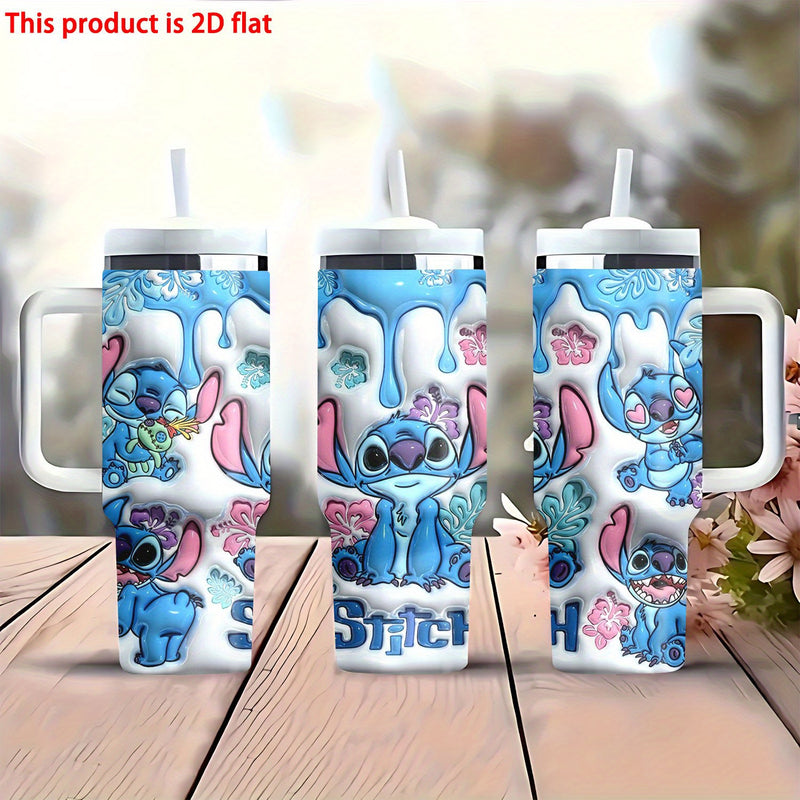 Botella de agua de acero inoxidable Stitch de 40 onzas con pajita y asa - Taza de viaje aislada, de alta calidad, reutilizable, solo lavable a mano, perfecta para fanáticos y regalos.