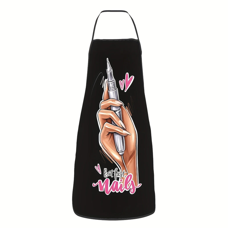Delantal de diseño de arte de uñas negro vibrante - Correa de cuello ajustable, 100% poliéster de alta resistencia, perfecto para cocinar, jardinería y uso de cocina, elegante y funcional.
