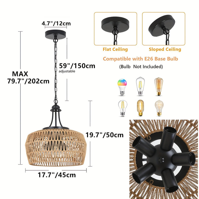 Lámpara de Techo Boho de Granja de 3 Luces con Pantalla de Ratán Tejido – Aplique de Lámpara Costera para Comedor, Cocina, Dormitorio, Pasillo de Isla – Base E26, Acabado Metálico, Lámparas de Techo para Comedor