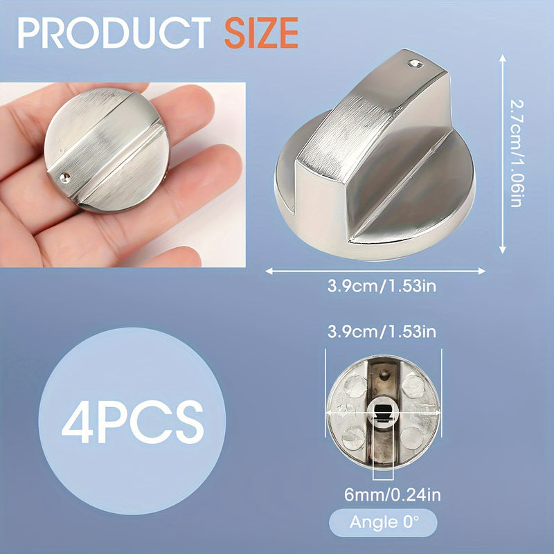 Juego de 4 botones de estufa de acero inoxidable, interruptores de control de superficie de cocción universal de 6 mm para modelo de cocina, reemplazo de interruptores de superficie de cocina rotativos