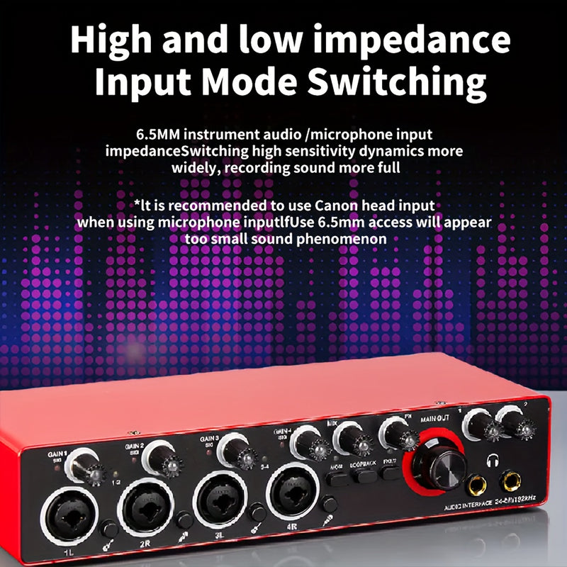 Conector de Audio de 4 Canales BOMGE para Grabación - 24bits/192kHz, USB y XLR, Mezclador de PC para Guitarra con 4 Conectores de Micrófono, Consola de Sonido Estudio para Cantantes, Rojo, Compatible con Portátiles