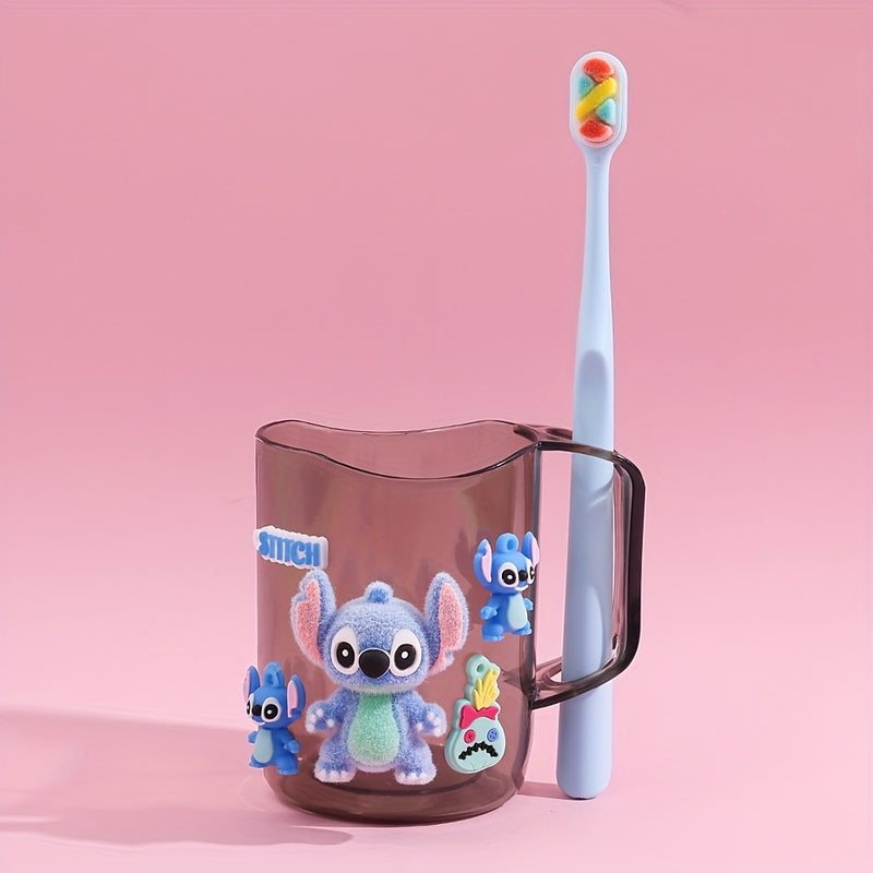 2 piezas de cepillos de dientes y vasos enjuagadores de plástico con temática de Stitch y Angel, duraderos y fáciles de limpiar, ideales para familias y residencias estudiantiles, accesorios de baño | Diseño divertido | Construcción resistente
